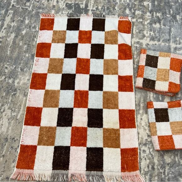 70s Vintage Cannon Checkered Brown Orange White 1 Hand Towel 4 Washcloths Set - Picture 2 of 6